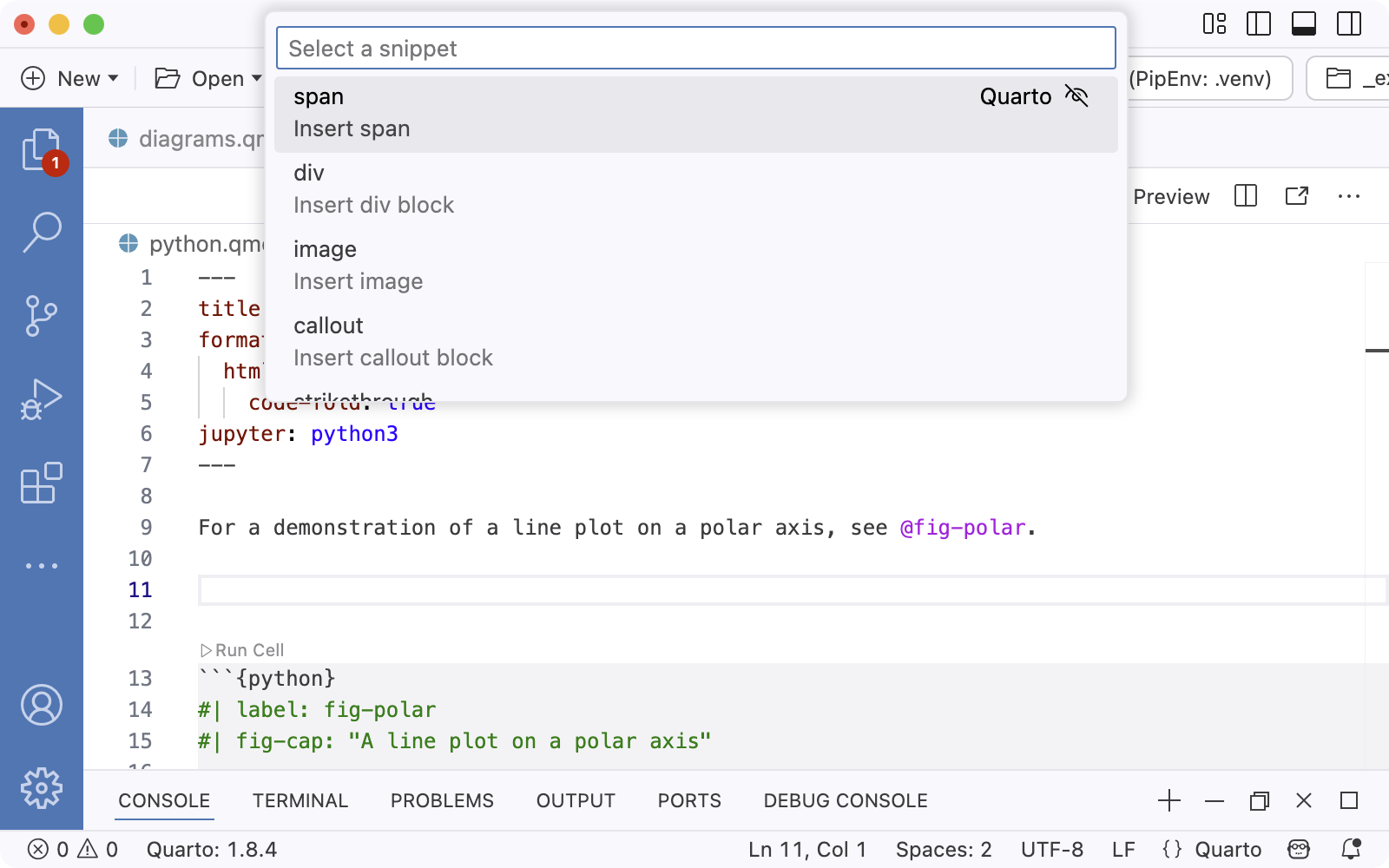 Quarto document with dropdown 'Select a snippet' dropdown, the first item (bold - insert bold text) is selected.